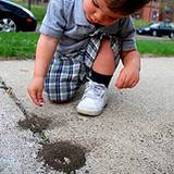 photo of little boy playing outside with ant hills
