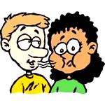 photo of a cartoon of boy talking to girl with bad breath